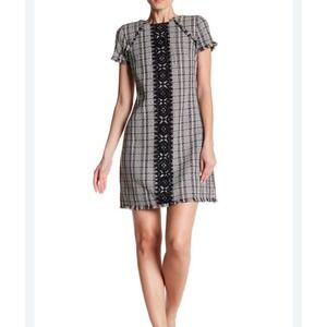 ELIZA J. TWEED‎ DRESS Lace Accent Size 4 Black White Checked Women's Fringe Hem
